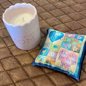 “Mom” candle and little bean bag filled pillow/sachet